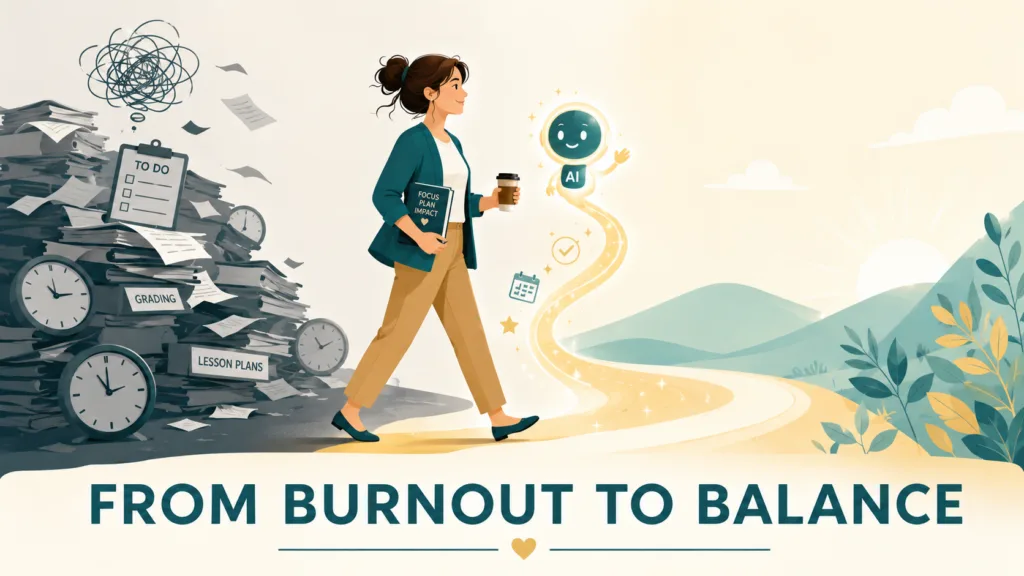 Teacher burnout recovery — teacher reclaiming her time with AI