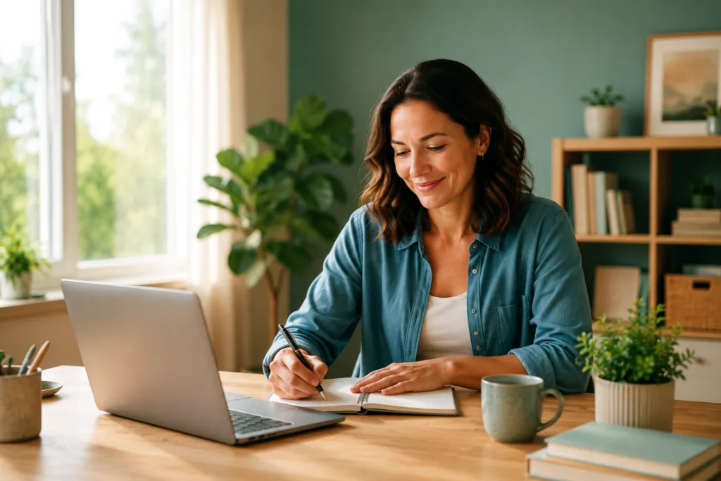 Career Change for Teachers: 7 Remote Jobs You Can Land Faster With AI Former teacher working remotely at a calm home office desk after career change
