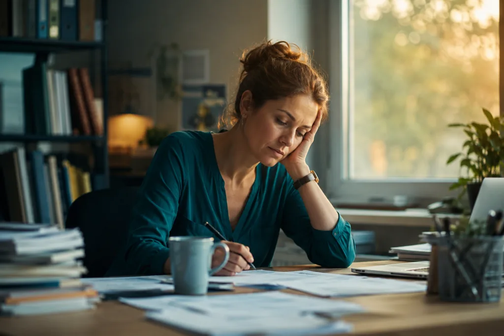 Teacher Burnout Symptoms: 12 Signs You Shouldn't Ignore teacher burnout symptoms — exhausted teacher at her desk after class