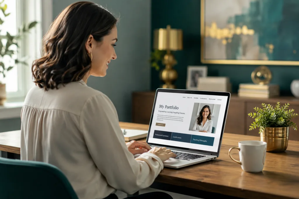 Instructional Design Portfolio: How Teachers Can Build One Fast With AI Professional instructional design portfolio on a laptop screen in a teal and gold office.