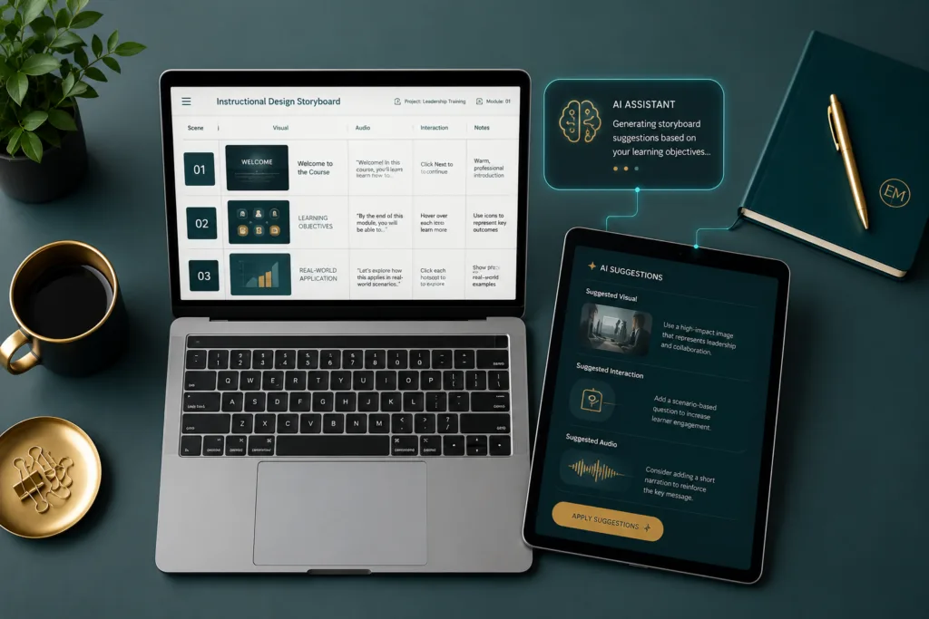 Instructional Design Portfolio: How Teachers Can Build One Fast With AI Modern workspace showing an AI-powered instructional design storyboard