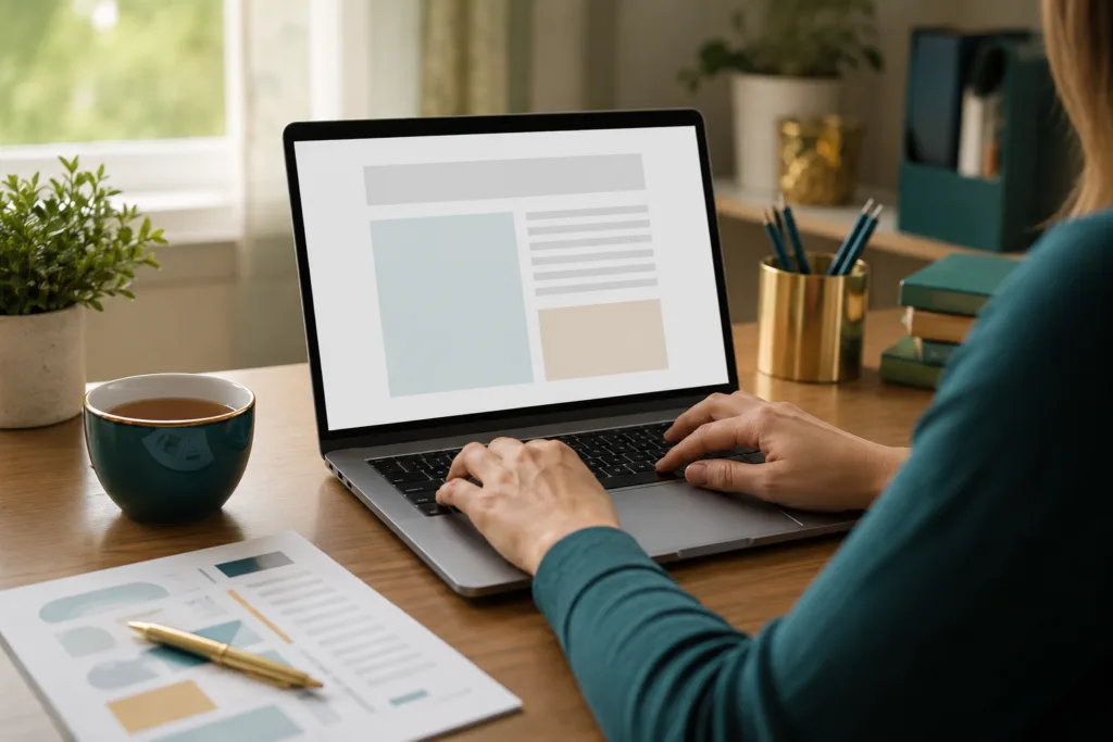 Teacher drafting a Teachers Pay Teachers resource with AI assistance at home