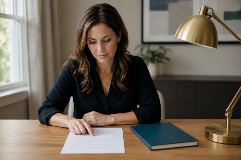 Teacher reviewing their first TPT product idea at a home desk