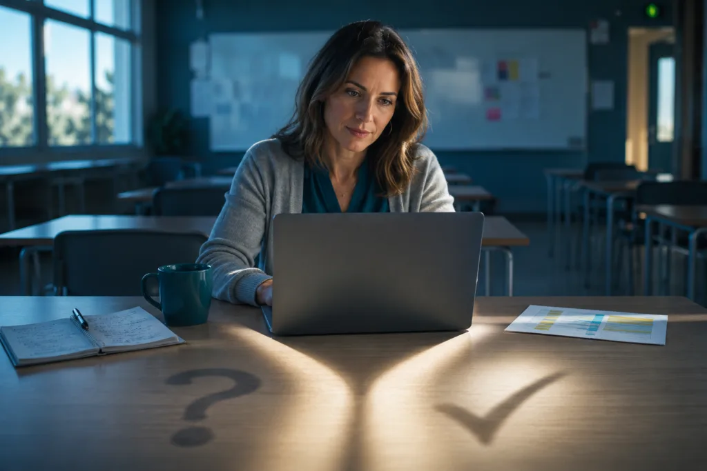 Teacher building her own AI guidance framework at her desk when school policy is absent