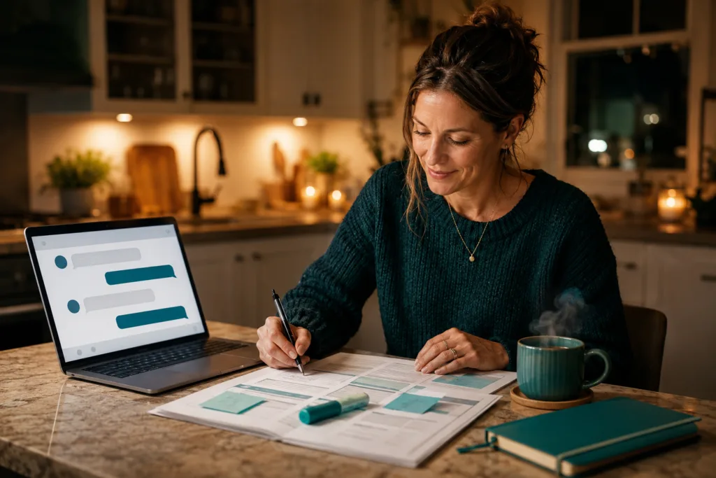 Teacher using AI prompts for teachers to complete lesson planning quickly at home