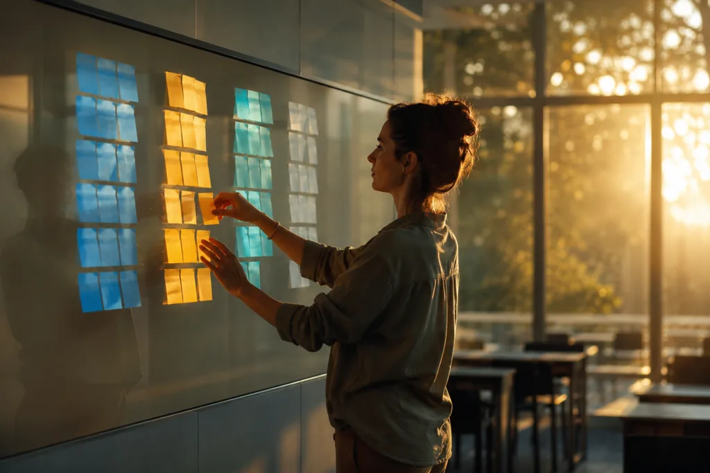 Teacher organizing tasks into an AI workflow for teachers using a four-part system