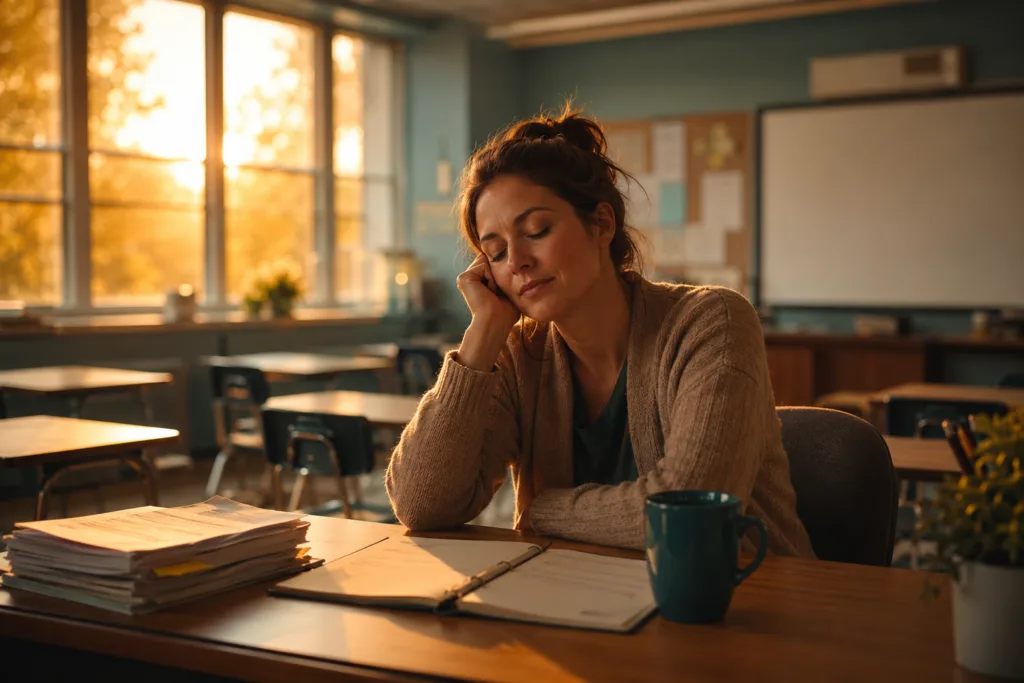 Burned out teacher sitting quietly at desk at end of school day, not ready to quit