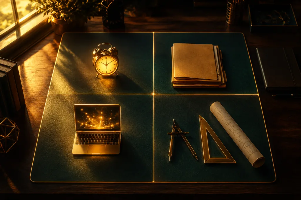 Four side income options for burned out teachers arranged on a desk