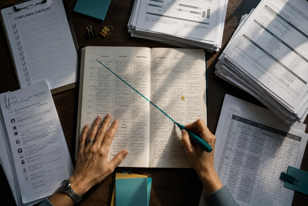Teacher burnout driven by systemic workload shown through overloaded weekly planner