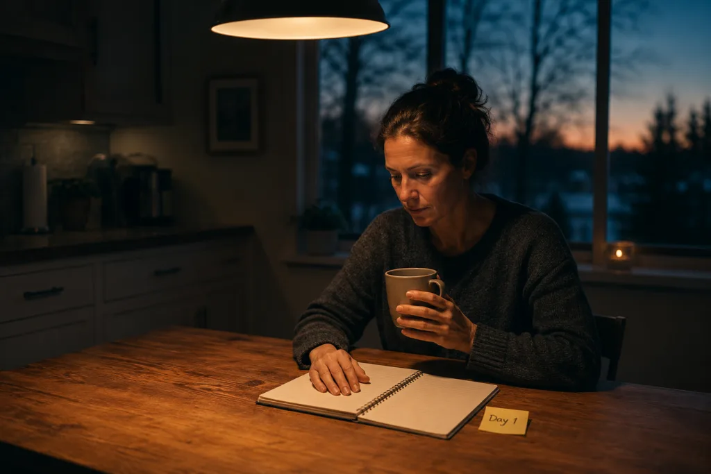 Teacher Career Transition Plan for Burned-Out Teachers: 90 Low-Energy Steps Teacher starting a career transition plan at a quiet kitchen table on a Sunday evening