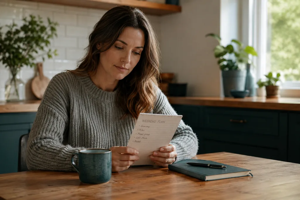 The 50-Hour Teacher Week Audit: What to Delete, Defer, Delegate, or AI-Assist Teacher doing a workload audit with a handwritten list on a weekend morning