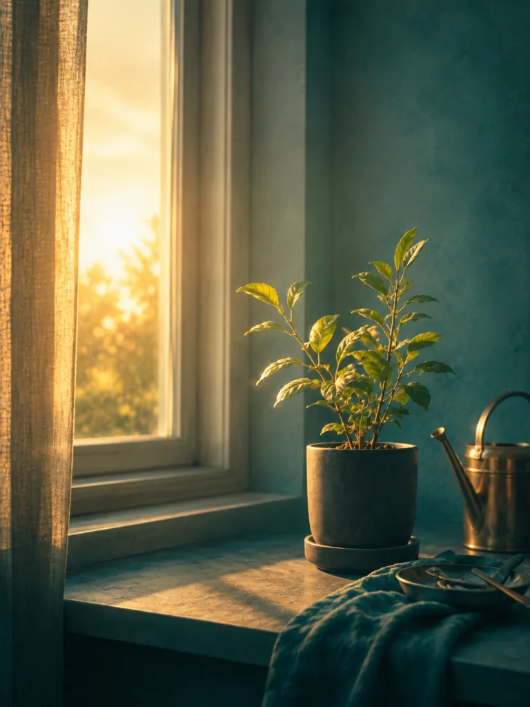 Plant in morning light symbolizing sustainable habits for teachers
